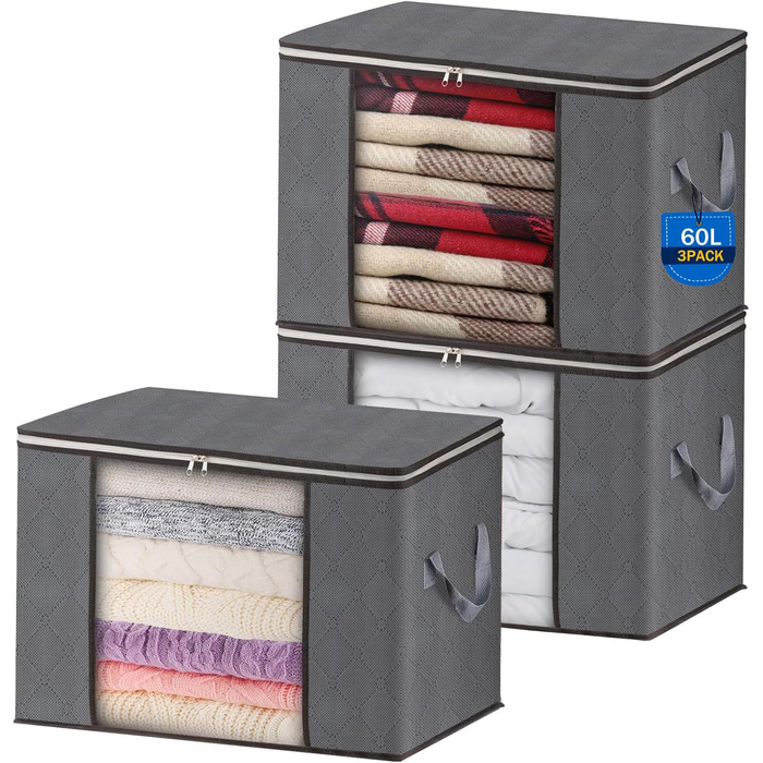 Органайзери для зберігання 3 шт. 60L, сірі, для постільної білизни, одягу, ковдр, подушок - AIOR