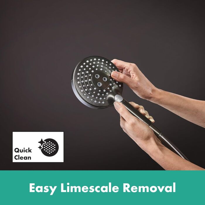 hansgrohe Raindance Select S - water-saving showerhead 9 l/min (EcoSmart), hand shower with 3 spray patterns, round shower head (⌀ 120 mm), water-saving showerhead with anti-limescale function, (with PowderRain jet, Brushed Black Chrome, 3 spray patterns including PowderRain)