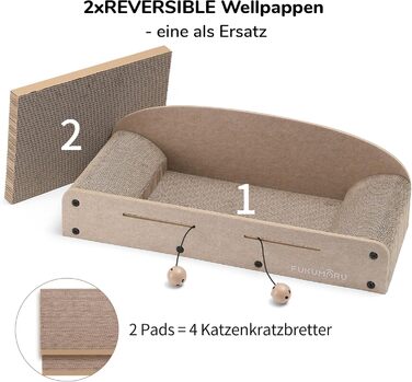 Cat Scratch Board, 66CM Durable Scratch Cardboard and Felt, Large Lounger, 2 Reversible Cat Scratch Pads for Cats, Recyclable Cardboard Cat Bed with Bell Ball Toy, Caramel Color (Large Format Beige)