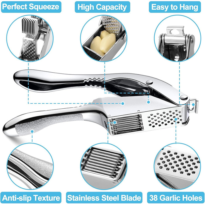 Прес для часнику з нержавіючої сталі 2 в 1 з очищувачем та щіткою, для миття в посудомийній машині