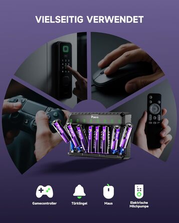 POWXS 8 x AA 3500mAh літієві акумулятори з 8-портовим швидким зарядним пристроєм з LCD-дисплеєм | Швидка зарядка та стабільна напруга 1.5V | Для геймпадів, LED-ліхтарів, пульт дистанційного керування