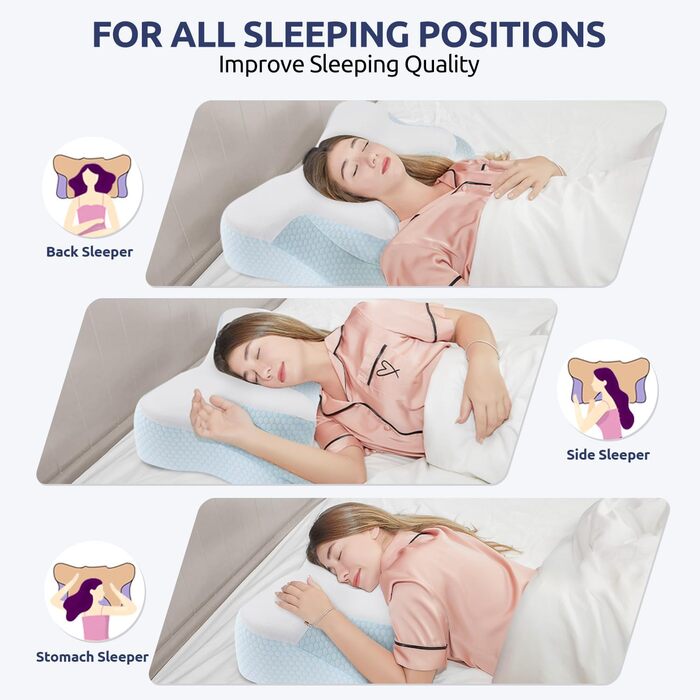Подушка для шиї DONAMA з Memory Foam, подушка для сну, подушка для тих, хто спить на боці, спині та животі (Блакитна)