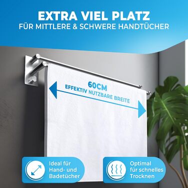 Тримач для рушників без свердління 60 см, нержавіюча сталь, для ванної кімнати, душової кабіни, кухні. В комплекті 2 гачки. Срібний колір