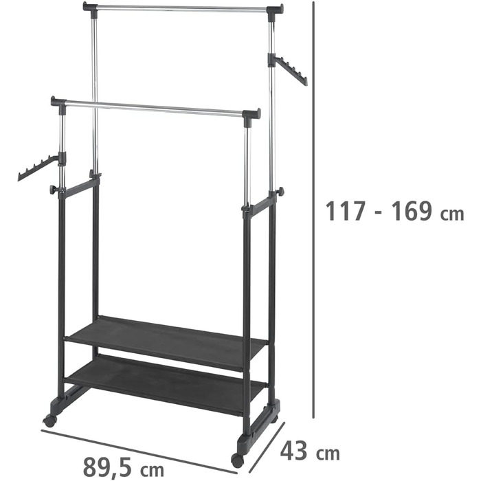 WENKO Clothes Rack Folding, Clothes Storage with Adjustable Clothes Rail and Wheels, Plastic/Metal, 88 x 100-168 x 11-49 cm, Chrome/Grey (169 x 43 x 89.5 cm)