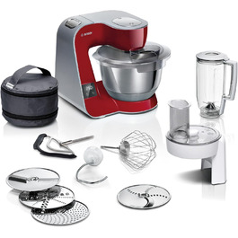Кухонний комбайн Bosch MUM5X720, 1000 Вт, вага, чаша 3,9 л, міксер 1,25 л, метал, темно-червоний/сріблястий