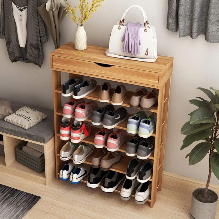 Soges 5-Tier Shoe Rack Shoe Cabinet Wood, 75 x 30 x 94.5 cm Shoe Storage Shoe Stand for Living Room, Entrance Hall, Hallway, Teak