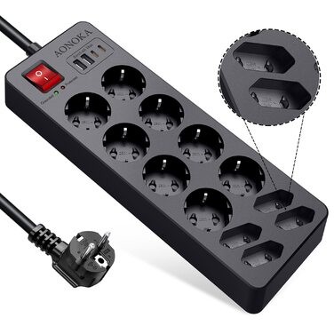 Мережевий фільтр із захистом від перенапруги 10 розеток, USB-C, з вимикачем, 4 USB-порти, 1,5м, чорний (12 розеток)