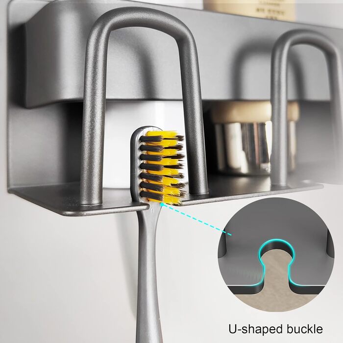 Toothbrush Holder with 2 Brush Slots, Wall Mount, Self-Adhesive Bathroom Storage, Grey (2 Compartments)