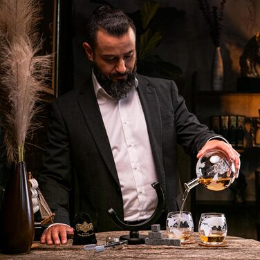 Whiskey Carafe Set - Whiskey Gift Set - Gifts for Men - Men's Gifts Gift - Birthday Gift for Men - Globe Decanter 900ML, Gift Box, 2 Whiskey Glasses, 8 Whiskey Stones