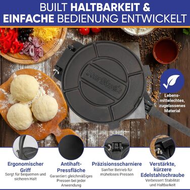 Пресс для тортилій StarBlue з чавуну 10 дюймів (25 см) з 100 шт. паперу для випікання та електронною книгою з рецептами - для приготування чіпаті, тортильї, роті