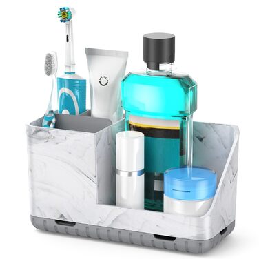 Тримач для зубних щіток у ванну кімнату, органайзер, підставка для електричної зубної щітки з отвором для зливу, знімний органайзер для ванної, кухні та сім'ї (Сірий) (Сірий мармуровий малюнок)