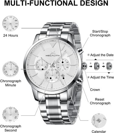 Чоловічий годинник MEGALITH з нержавіючої сталі, хронограф, водонепроникний: велике циферблат, дата, стильний подарунок для чоловіків (8345 Silver)
