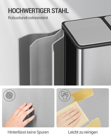 Відро для сміття з сортуванням 2 відділення 60 л (2 x 30 л), нержавіюча сталь, з педаллю, тихий закриття, з 15 пакетами, срібний SW06099E