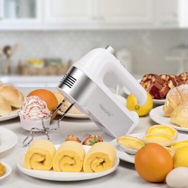 Електричний міксер 450W з 5 швидкостями, мірний стакан та аксесуари, для випічки та приготування їжі (білий)