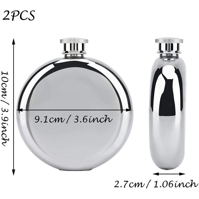 Набір з 2 флаконів для алкоголю з нержавіючої сталі, 177 мл, для віскі, коньяку, кемпінгу, подорожей, барів та вечірок (сріблястий)