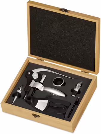 Maverton Wine Opener Set Personalized Wine Set Sommelier Set - Gift Box Wooden Box + 6-Piece Wine Accessory Set - Made of Bamboo - Brown - Birthday Gift for Men - Professional Taster