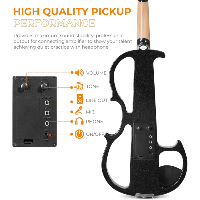 Електрична скрипка Vangoa 4/4 з цільного дерева, повного розміру, з усіма аксесуарами (колінь, чохол, кабель, підставка, смычок)