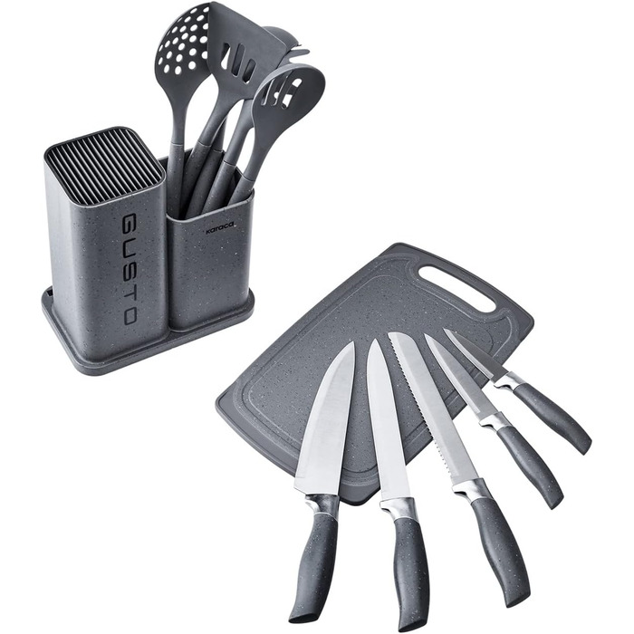 Набір ножів Karaca Gusto 12 предметів з обробною дошкою та кухонними аксесуарами. Ножі з нержавіючої сталі, ергономічні ручки. Кухонний набір, чорний (сірий)