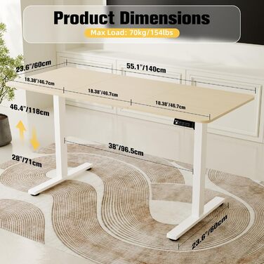 Ergonomaker Electric Height Adjustable Desk - Small Standing Desk with 2-Section Tabletop - Home Office Desk (White Frame + Oak Tabletop) - 140 x 60 cm