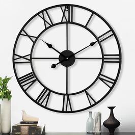 Samilito Large Wall Clock in Vintage Style, Round, Silent. Free with it: ONE extra set of clock hands in Black. Metal clock for loft, living room, bedroom and kitchen decoration (60cm, Black)