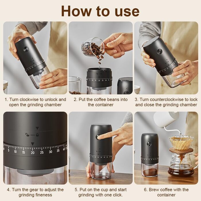 Електрична кавомолка HOTUT з регулюванням помелу, 40 ступенів, з керамічним жорном, акумулятор 1800mAh для подорожей та кемпінгу