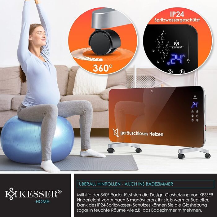 Електрична скляна панельна батарея KESSER® з Wi-Fi, сенсорним екраном та пультом керування | 2000 Вт, білий/чорний | для дому та офісу