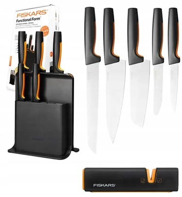 Набір ножів Fiskars Functional Form (5 предметів) у чорному підставці-блоці + точилка, 1057554