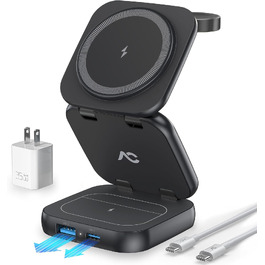Бездротова зарядна станція AC Island 5-в-1 для iPhone 17/16/15/14/13/12, Apple Watch Ultra/11 та AirPods Pro, MagSafe, складана, срібляста (з адаптером 35W)