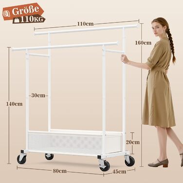 Подвійний мобільний вішак для одягу з кошиком для білизни, металевий (110 кг), білий - міцний вішак для пальт, суконь, светрів