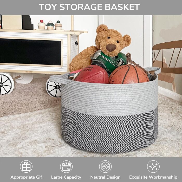 TIMEYARD XXL Large Laundry Basket, Storage Basket, Kids' Room Storage Basket, Kids' Laundry Basket, Basket for Blankets, Baby Toys, Woven Basket, 55x35cm, Grey