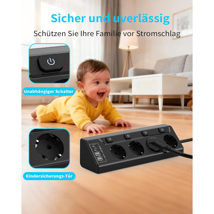 Мережевий адаптер з захистом від перенапруги Eck з USB-C, 6 розеток, 2м кабель (4000W, 16A), розподільний блок для кухні, офісу (4 розетки, чорний)