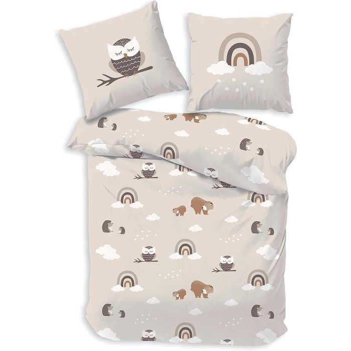 Дитяча постільна білизна 135x200/80x80, Райдуга, Сова та лісові тварини - преміум якість, приємна до шкіри - для дівчаток та хлопчиків - 100% бавовна (Сова), комплект постільної білизни Сова