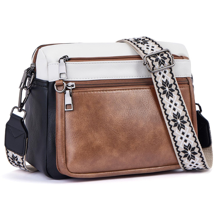 Сумка жіноча через плече MUIIKOLA середнього розміру, екошкіра, м'який широкий ремінь (чорно-бежево-коричнева)