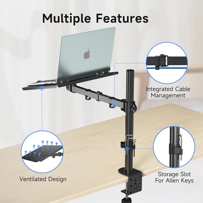 Suptek Adjustable Monitor Arm with Laptop Holder - Full Range Motion for 13-27 inch Screens (40cm Pole)