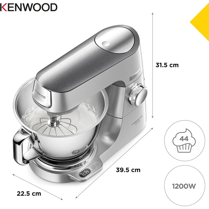Кухонна машина Kenwood Titanium Chef Baker KVC85.004SI з вбудованими вагами, 1200 Вт, 2 чаші (5 л та 3,5 л), набір для кондитерських виробів, плавне регулювання швидкості, срібляста