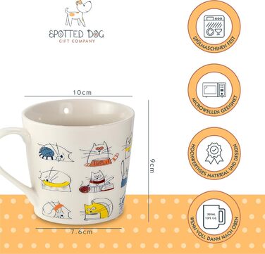 Spotted Dog Gift Company Coffee Mug with Cat Design, Ceramic Mug Set, Cute Coffee Mugs, Cat Kitchen Accessories, Gifts for Cat Lovers, Cat Mom, 4 x 380ml