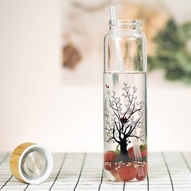Glass Drinking Bottle 1L Glass Water Bottle with Bamboo Lid 1 Liter (1000ml) (Tree 1liter)