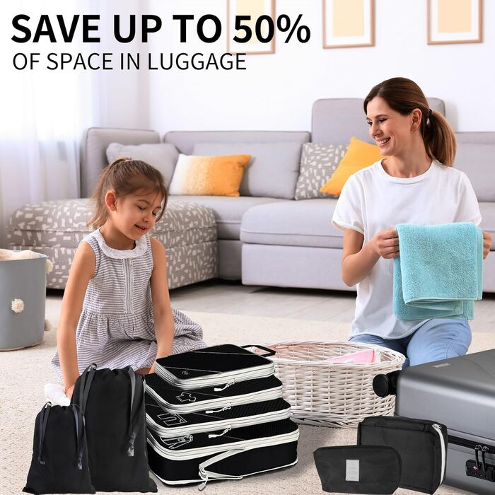 Органайзер для валізи, набір 6 шт. Компресійні кубики для пакування, дорожній органайзер, чорний (8 шт.)