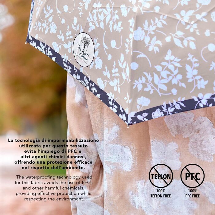 Perletti Green Eco Women's Umbrella - Large Automatic Rain Umbrella with Recycled Materials & Floral Design (102cm Diameter)