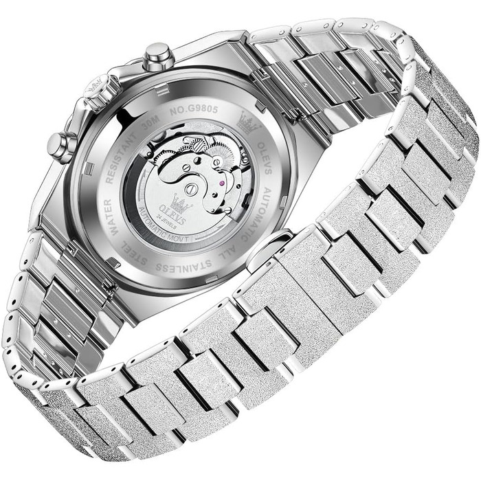 Чоловічий наручний годинник OLEVS G9805 аналоговий, сталевий браслет, білий циферблат, водонепроникний, з календарем та підсвіткою