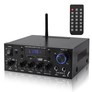 Міні підсилювач 60Вт+60Вт Bluetooth стерео, цифровий Hi-Fi аудіо підсилювач для дому та авто, USB, SD, FM, MIC, LCD дисплей, 12V/230V, 2-канальний (33BT)