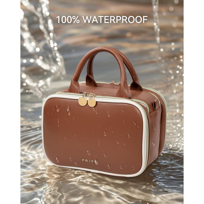 Косметичка-органайзер велика містка з водонепроникним покриттям та ручкою, з декількома відділеннями (колір: кавовий)