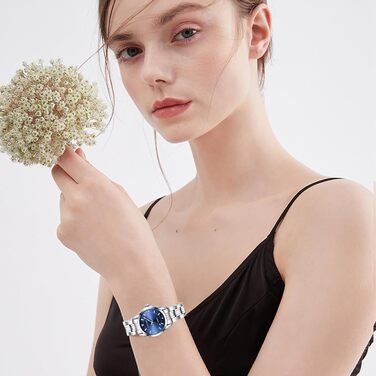 Жіночий аналоговий кварцовий годинник з нержавіючою сталею, 3 стрілки, корпус 27 мм (срібний, темно-синій)