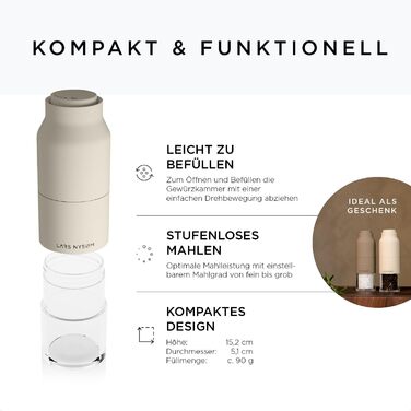 LARS NYSØM Salt and Pepper Mill Set Stainless Steel with Adjustable Grinder | Bottle Design Spice Mill Set Manual (Brown/Beige)