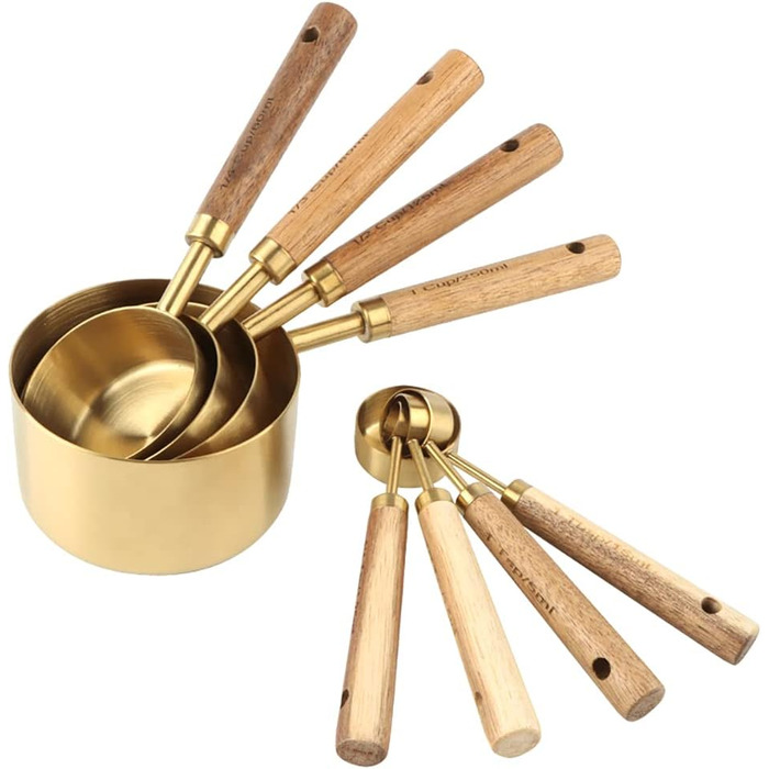 8-Piece Stainless Steel Measuring Cup and Spoon Set with Wooden Handle for Dry and Liquid Ingredients (Gold)