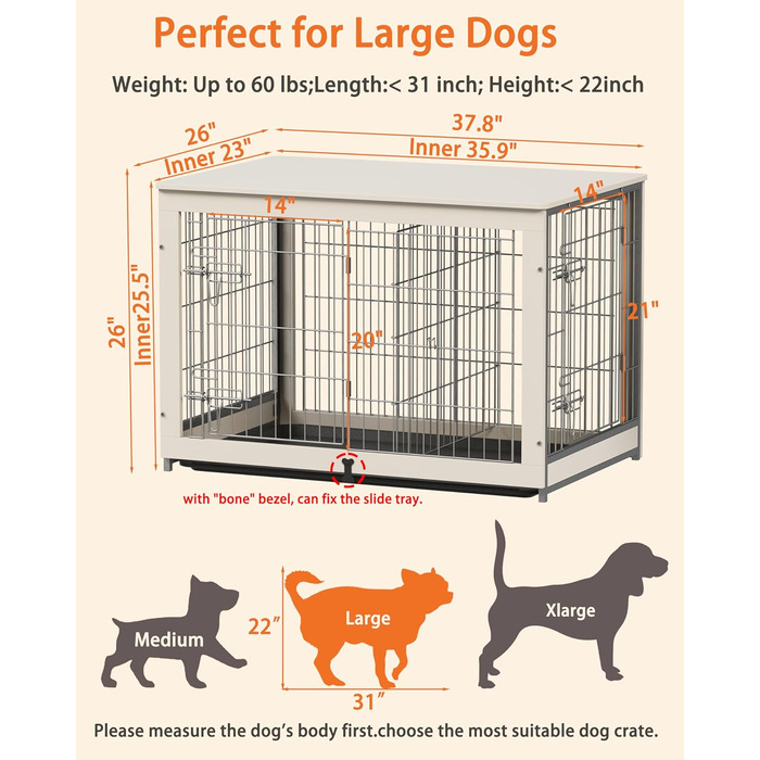 Будка для собак Piskyet з дерева з перегородкою, столиком, двома дверцятами, для дому (96 x 63,8 x 66,8 см), білий