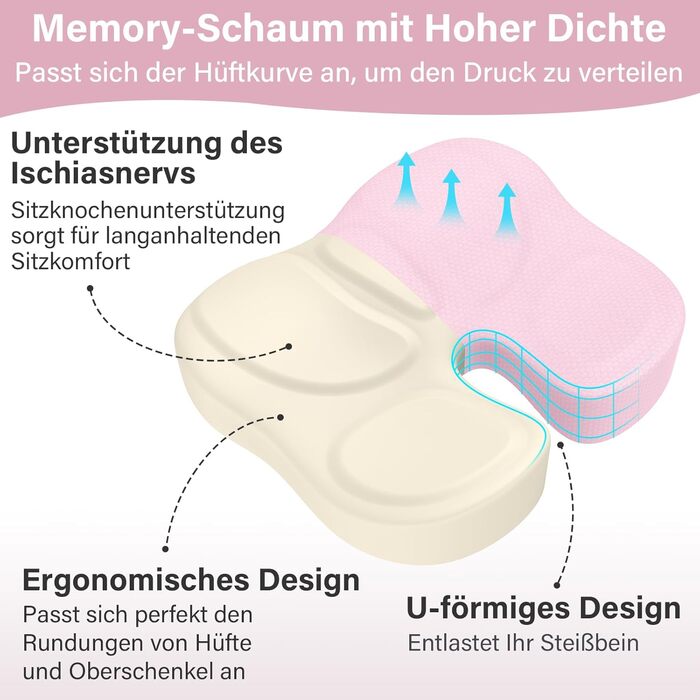 Ортопедична подушка для сидіння Juspota: комфортне крісло для офісу, автомобіля, зниження болю в куприку, рожевий колір