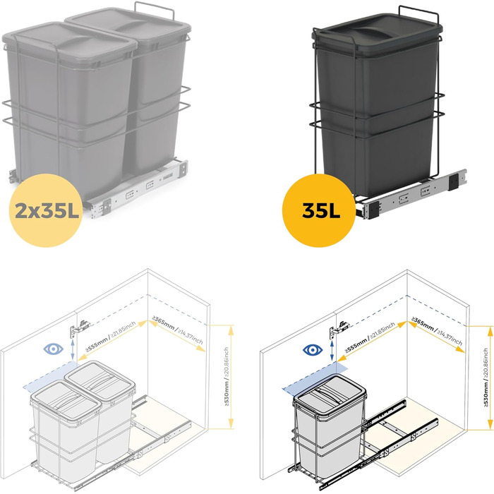 Відро для сміття кухонне Emuca з підвісною системою, 2 висувні контейнери по 20 л, загальний об'єм 40 л (2 x 20 л), сталь та пластик, сірий колір