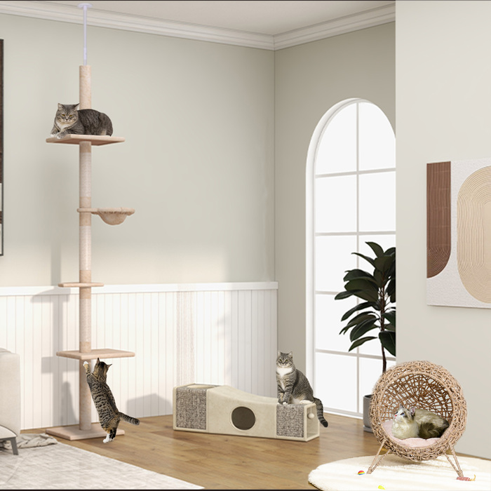 PawHut Cat Tree, Ceiling-High, H230-260 cm, Adjustable Height Climbing Tree for Cats, Stable, Beige | Aosom