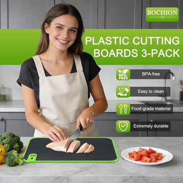 Набір з 3 дощок для нарізання з пластику, кухонні дошки з антибактеріальним покриттям, неслизькі з жолобом для соку та пресом для часнику (червоний, жовтий, зелений)